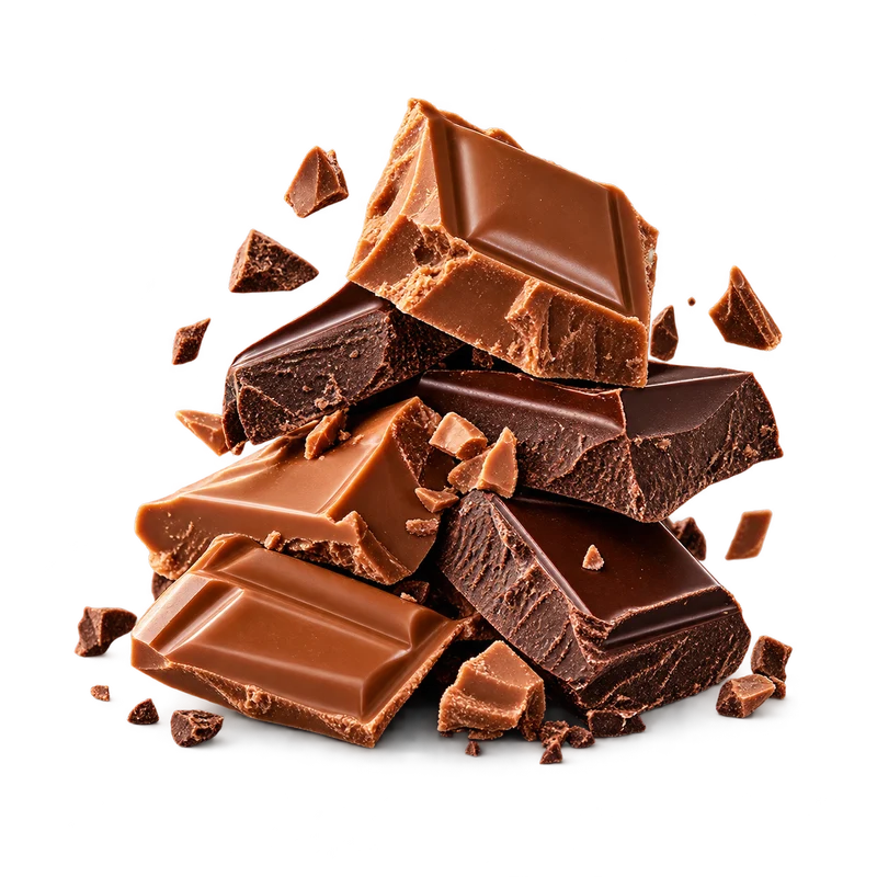 Composición conceptual de chocolate roto, con textura y pequeñas migas