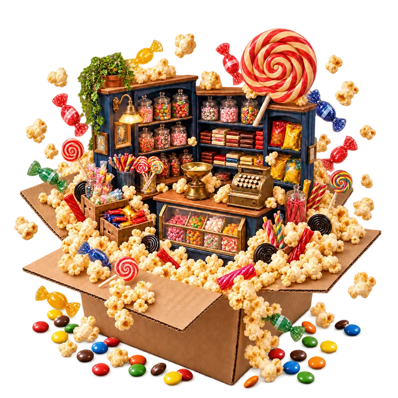 Diorama conceptual de una tienda de golosinas de aire noventero que emerge de una caja rebosante de palomitas; no es una fotografía histórica de la empresa